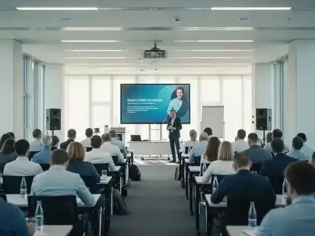 Sala de conferencias con bocinas sobre tripié y pantalla de proyección