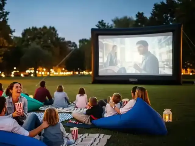 Familias viendo una película frente a una pantalla inflable en un jardín de noche