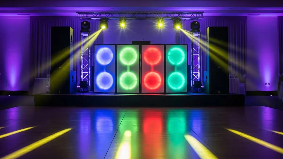 Escenario de fiesta con bocinas, paneles LED y cabezas móviles en un salón