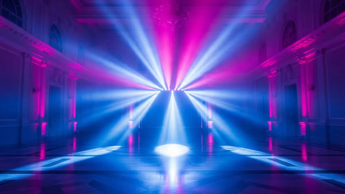 Haces de luz de cabezas móviles en tonos azul y rosa en un salón de eventos
