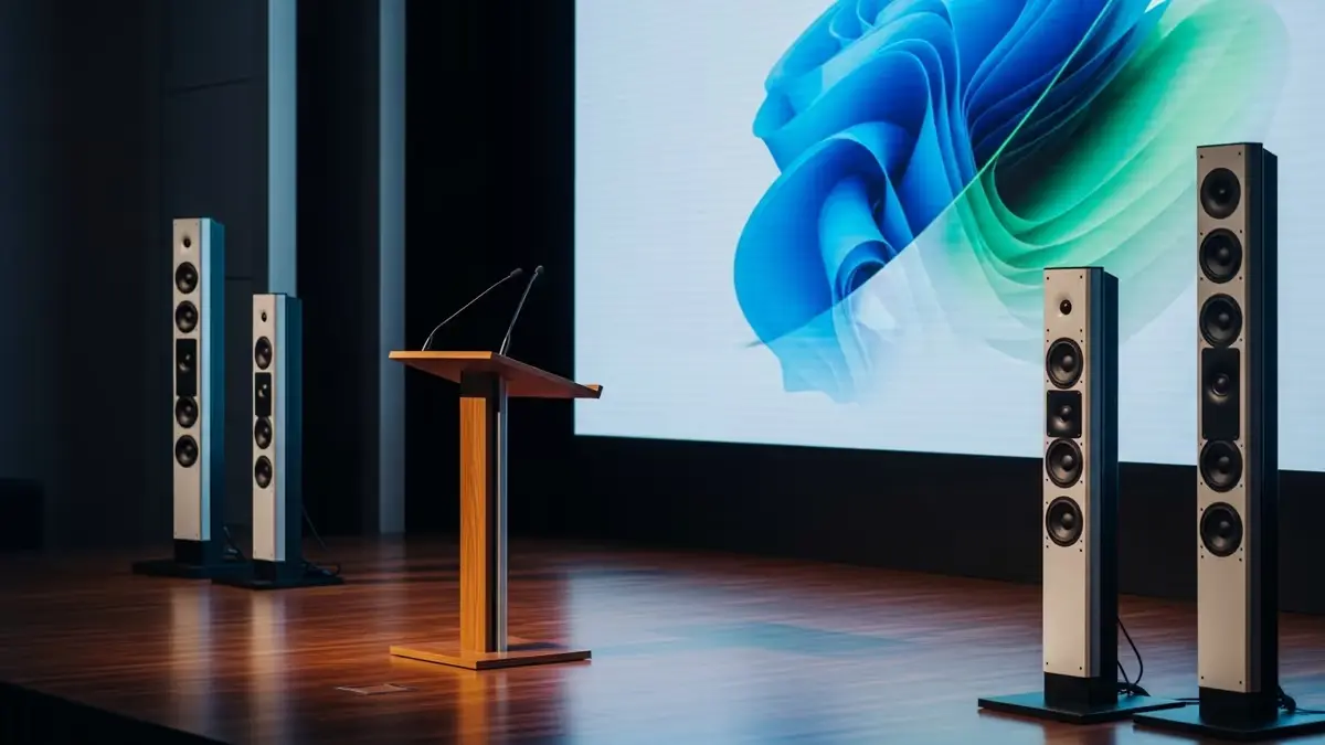 Podium de madera con micrófono de cuello y bocinas de columna frente a una pantalla