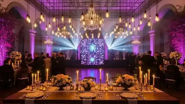 Recepción de boda en hacienda con guirnaldas de focos, candiles y cabezas móviles azules sobre la pista