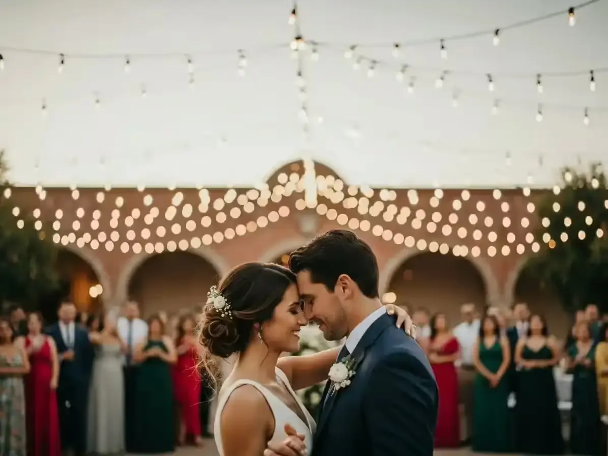 Novios bailando bajo guirnaldas de focos en el patio de una hacienda frente a sus invitados