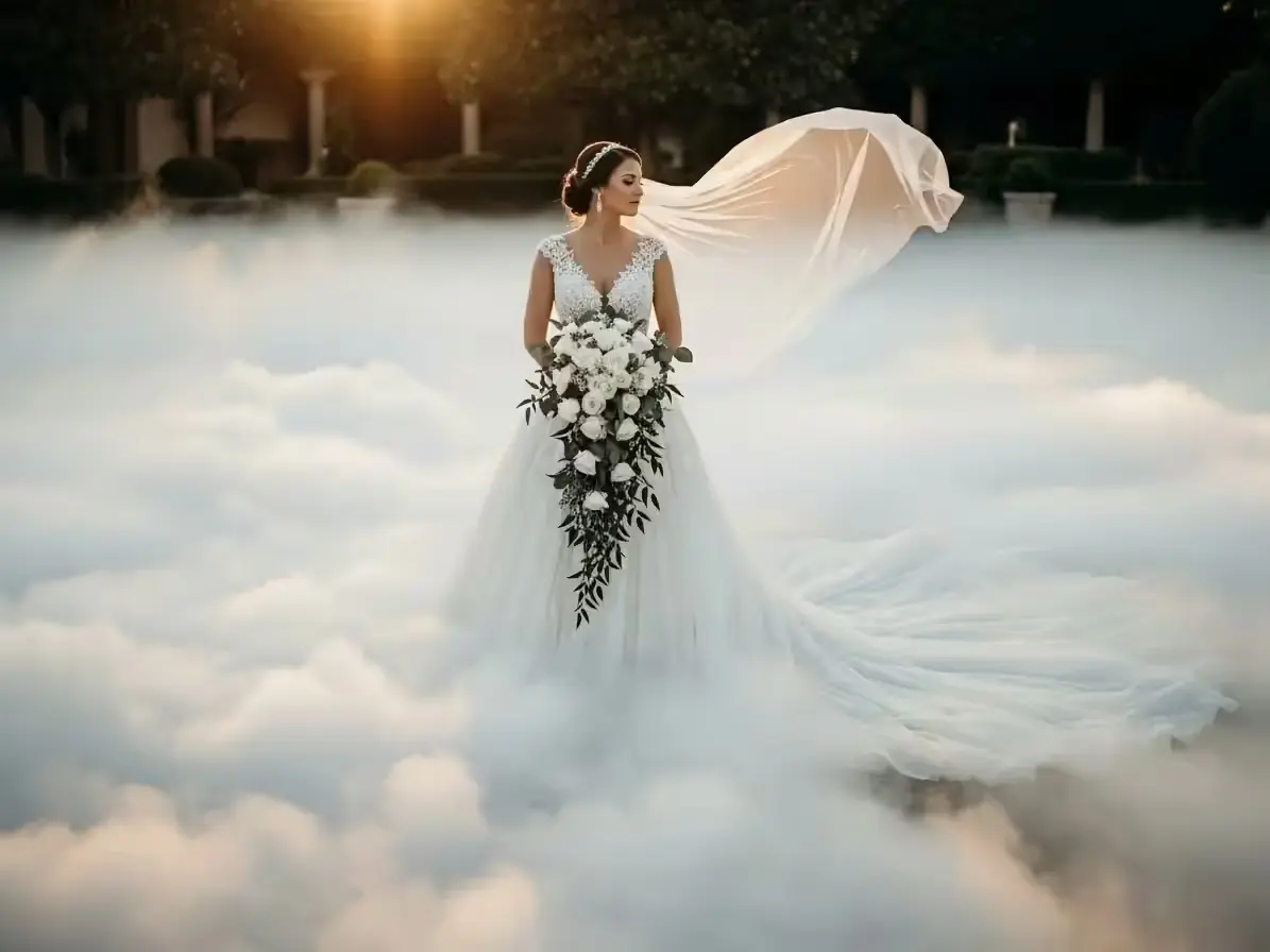 Novia de pie sobre una capa de humo bajo en el jardín de una hacienda al atardecer