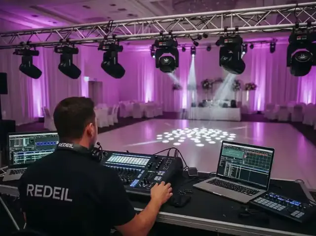 Operador con consola de iluminación y cabezas móviles sobre la pista de un salón de eventos