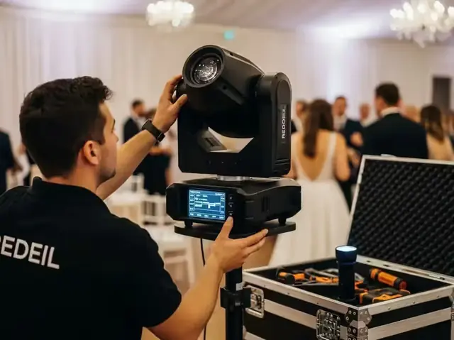 Técnico de REDEIL Iluminación montando una cabeza móvil junto a su estuche durante una boda