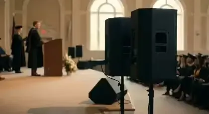 Bocinas junto al estrado de una ceremonia de graduación en un salón con ventanales
