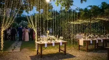 Cortinas de cascada de luces cálidas sobre mesas de recepción en un jardín al anochecer