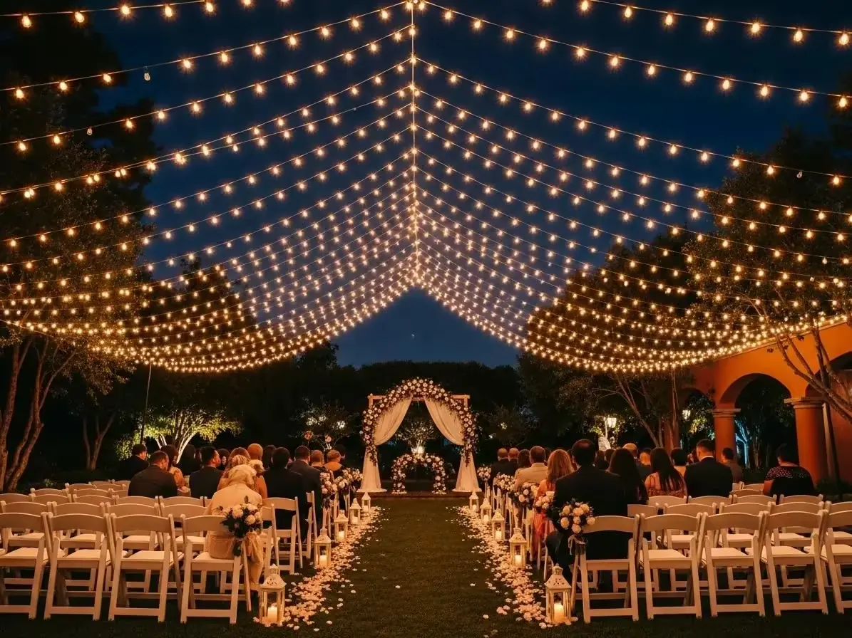Ceremonia de boda al aire libre bajo un techo de guirnaldas de luces con sillas blancas e invitados